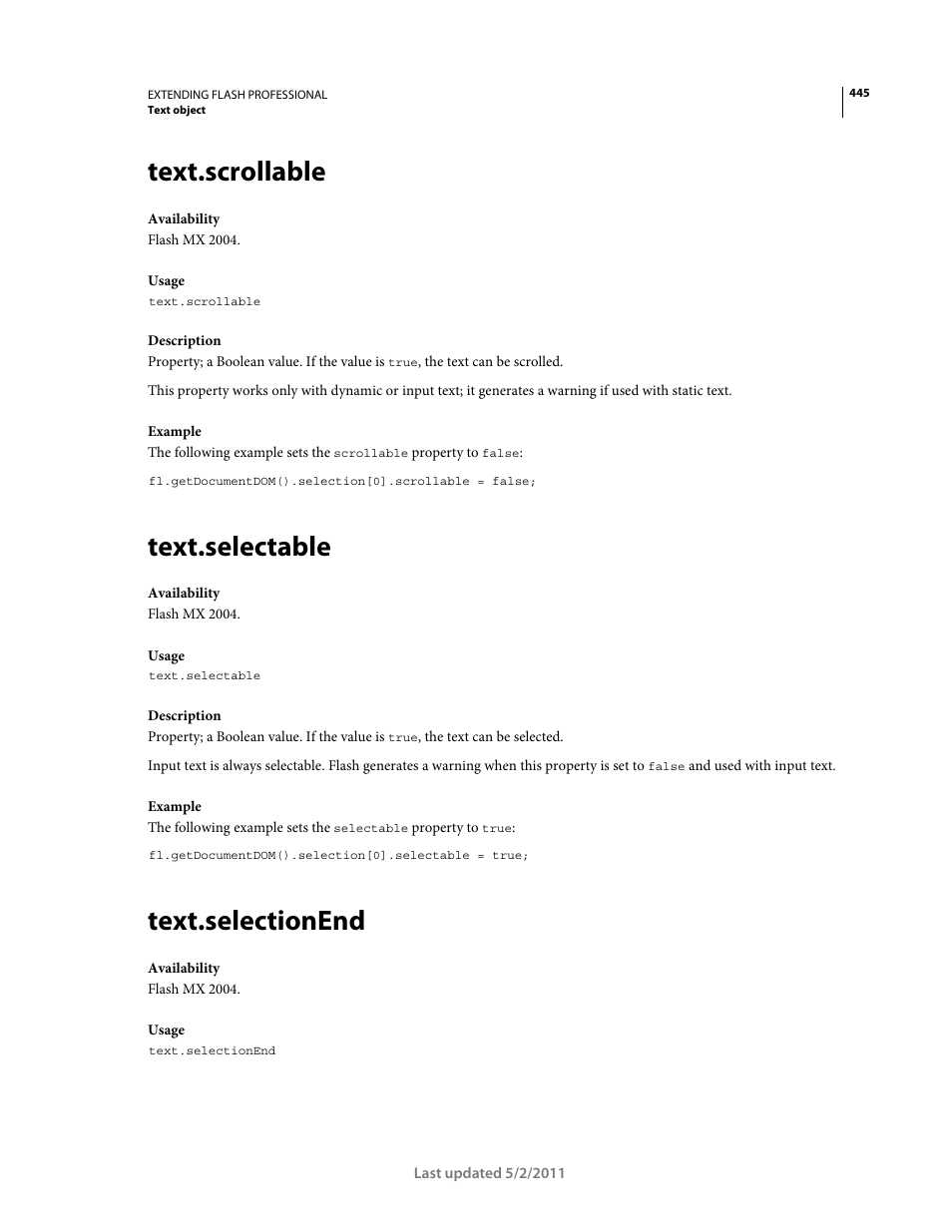 Text.scrollable, Text.selectable, Text.selectionend | Adobe Extending Flash Professional CS5 User Manual | Page 467 / 565