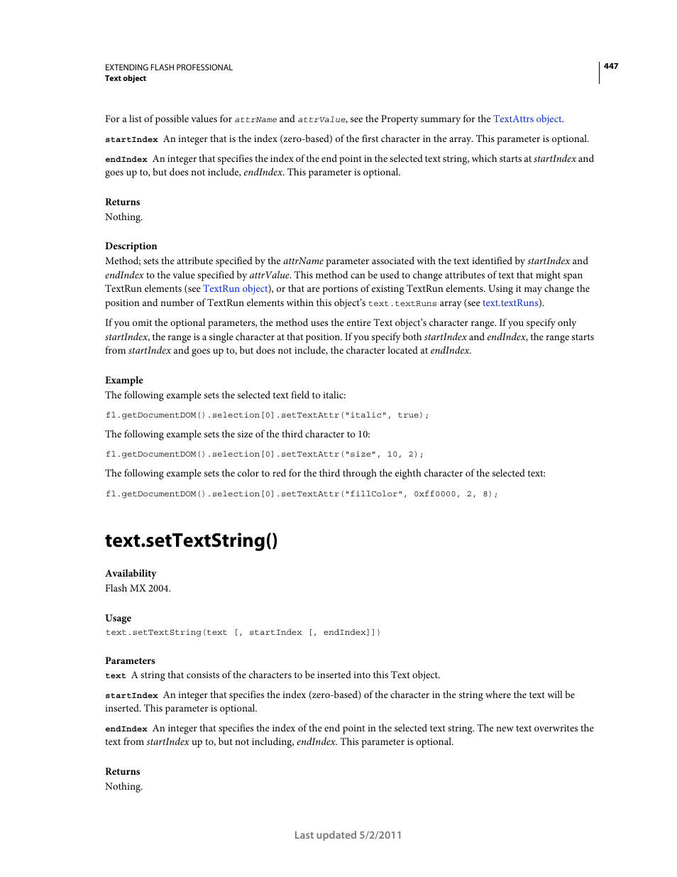 Text.settextstring() | Adobe Extending Flash Professional CS5 User Manual | Page 469 / 565