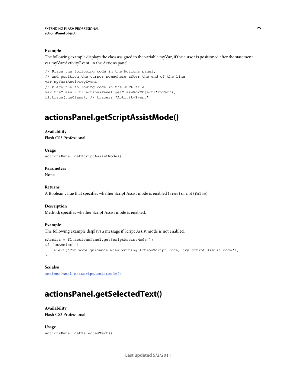 Actionspanel.getscriptassistmode(), Actionspanel.getselectedtext() | Adobe Extending Flash Professional CS5 User Manual | Page 47 / 565