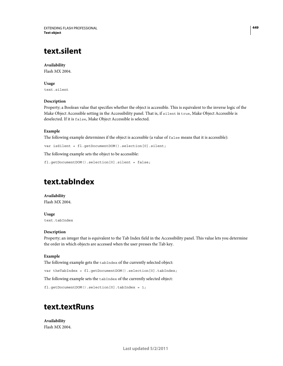 Text.silent, Text.tabindex, Text.textruns | Array (see | Adobe Extending Flash Professional CS5 User Manual | Page 471 / 565