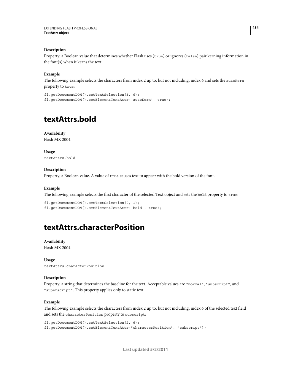 Textattrs.bold, Textattrs.characterposition | Adobe Extending Flash Professional CS5 User Manual | Page 476 / 565