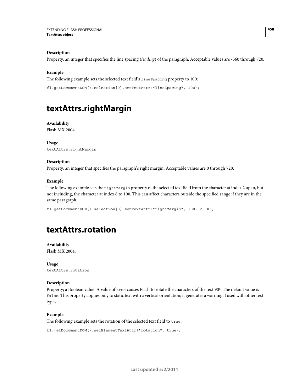 Textattrs.rightmargin, Textattrs.rotation | Adobe Extending Flash Professional CS5 User Manual | Page 480 / 565