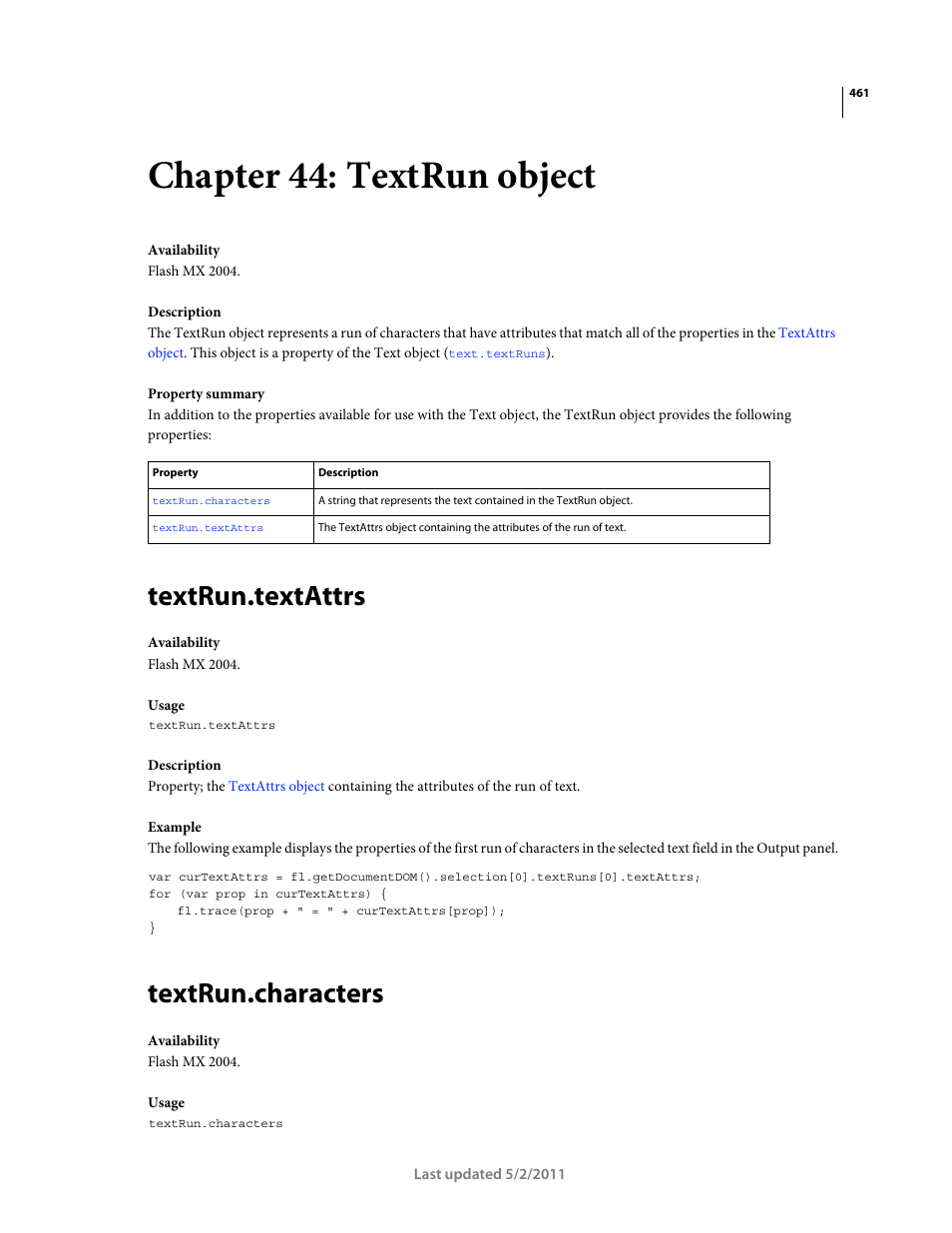 Chapter 44: textrun object, Textrun.textattrs, Textrun.characters | Textrun object, Of the textrun object | Adobe Extending Flash Professional CS5 User Manual | Page 483 / 565