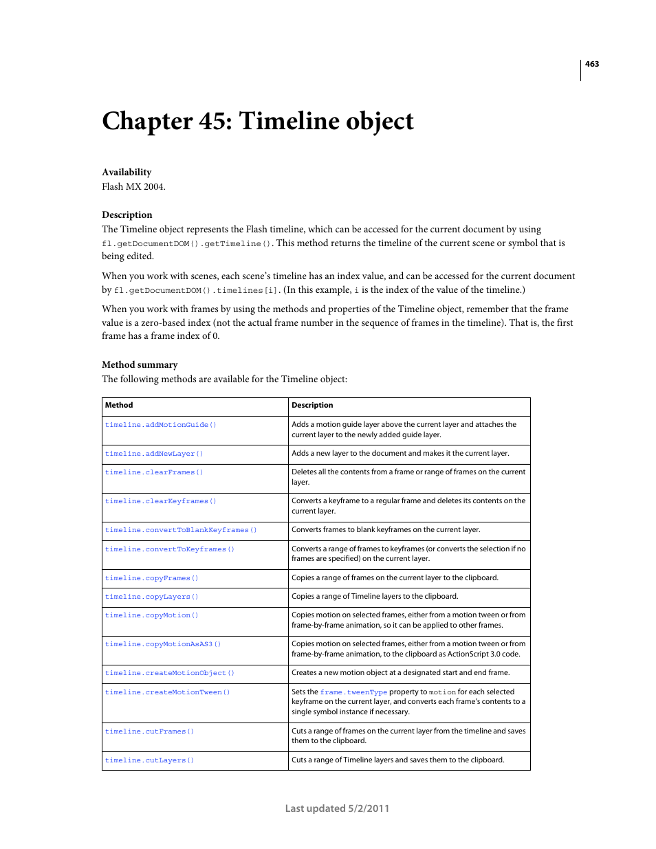 Chapter 45: timeline object, Timeline object, Adds a new scene | Deletes the current scene, And if the deleted, To select a frame or frames, such as | Adobe Extending Flash Professional CS5 User Manual | Page 485 / 565