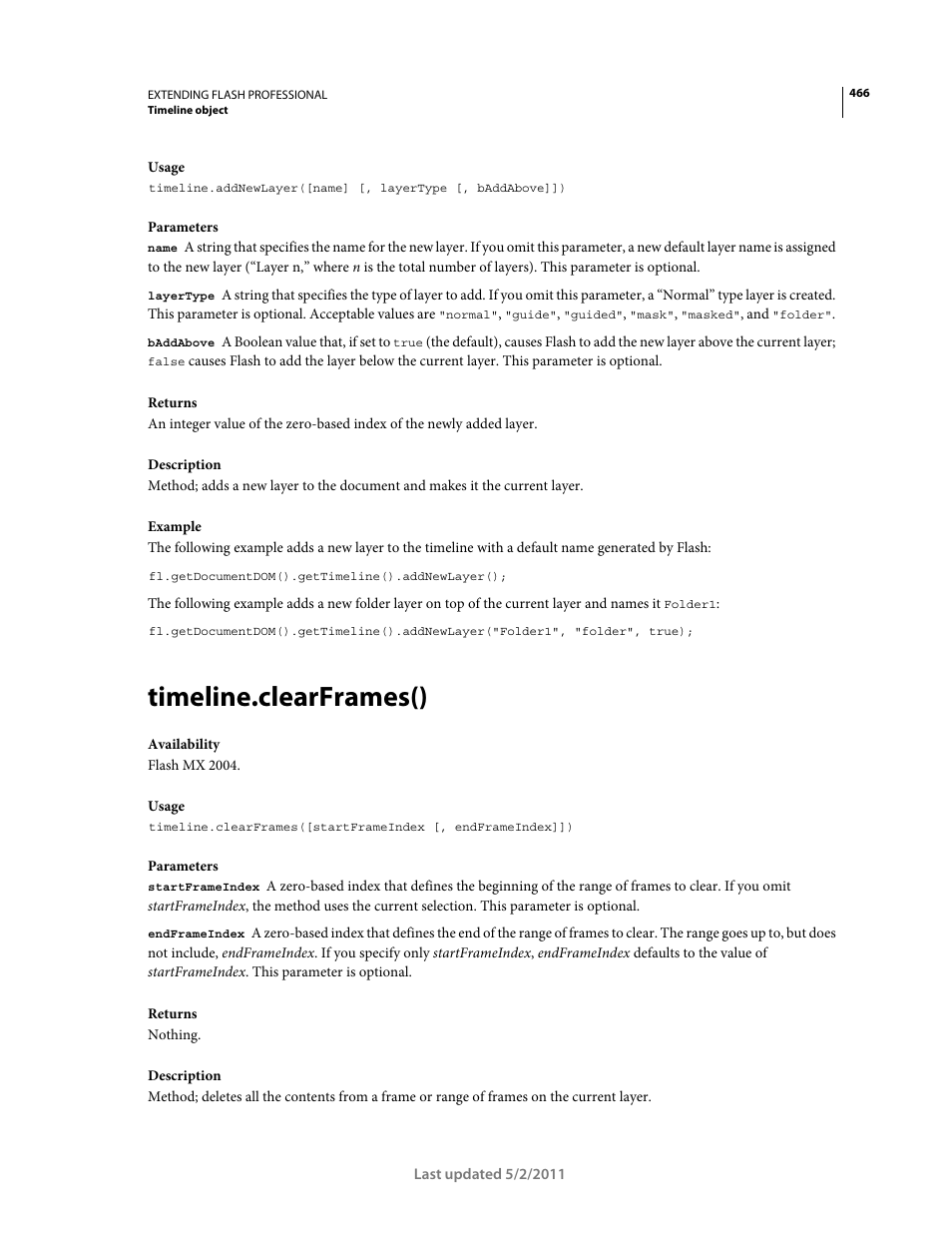Timeline.clearframes() | Adobe Extending Flash Professional CS5 User Manual | Page 488 / 565