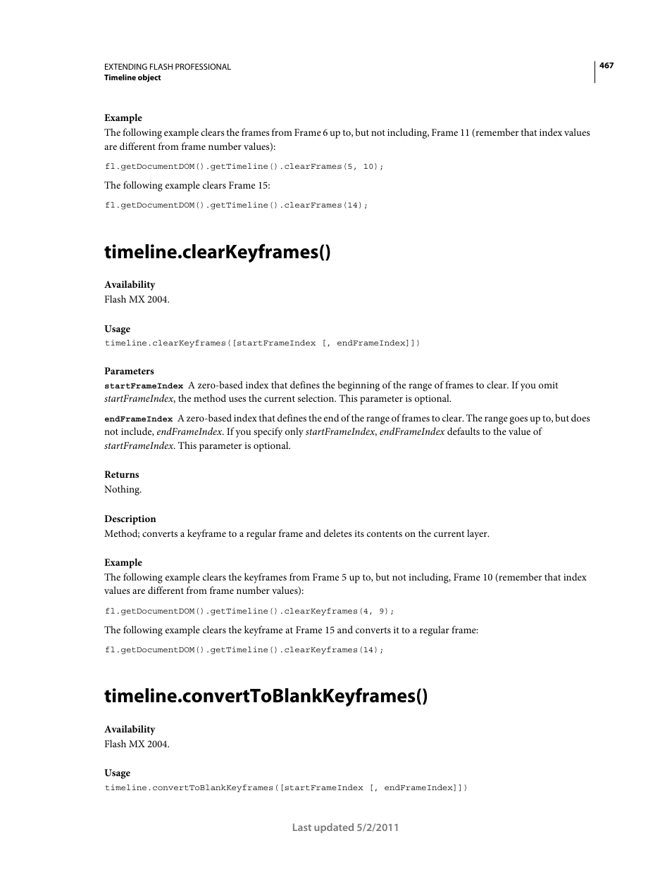 Timeline.clearkeyframes(), Timeline.converttoblankkeyframes() | Adobe Extending Flash Professional CS5 User Manual | Page 489 / 565