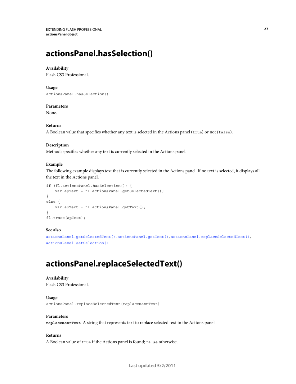 Actionspanel.hasselection(), Actionspanel.replaceselectedtext() | Adobe Extending Flash Professional CS5 User Manual | Page 49 / 565