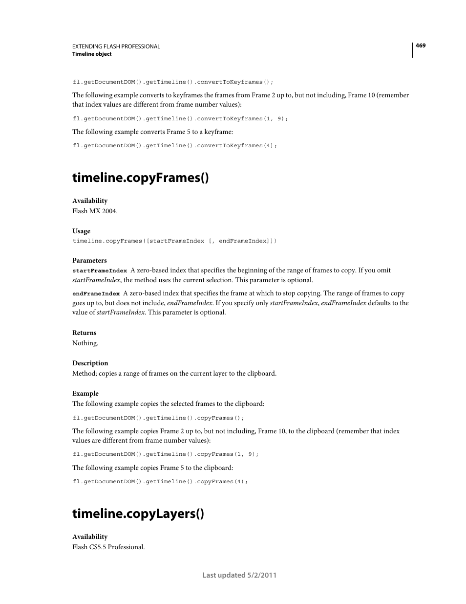 Timeline.copyframes(), Timeline.copylayers() | Adobe Extending Flash Professional CS5 User Manual | Page 491 / 565