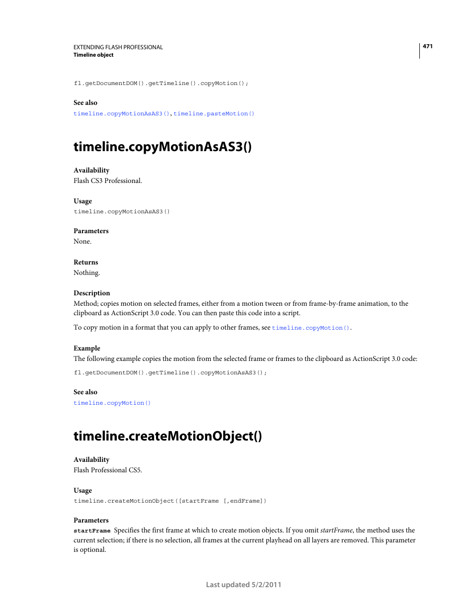 Timeline.copymotionasas3(), Timeline.createmotionobject() | Adobe Extending Flash Professional CS5 User Manual | Page 493 / 565