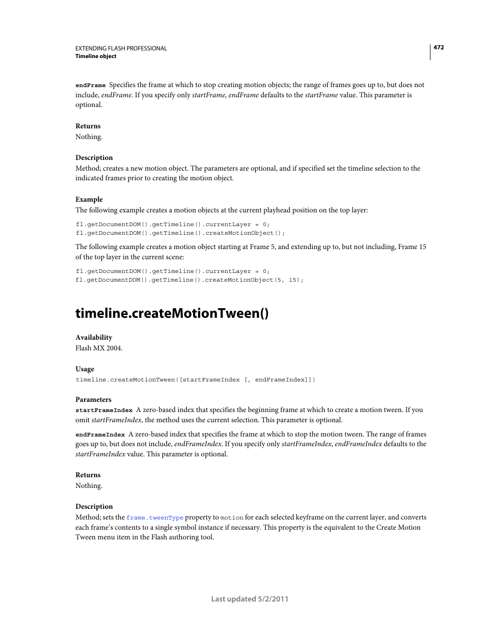 Timeline.createmotiontween() | Adobe Extending Flash Professional CS5 User Manual | Page 494 / 565