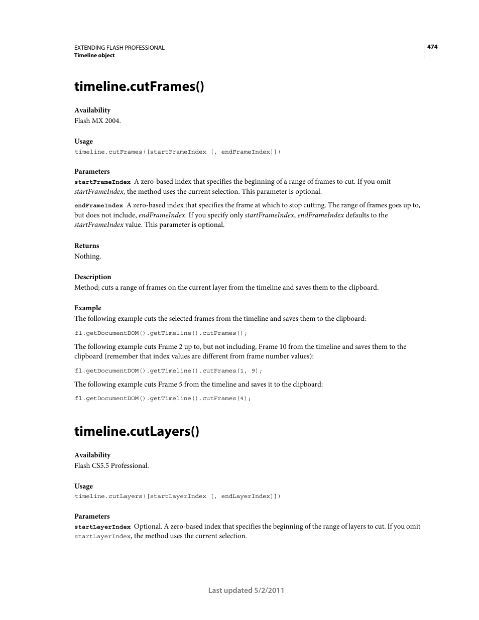 Timeline.cutframes(), Timeline.cutlayers() | Adobe Extending Flash Professional CS5 User Manual | Page 496 / 565