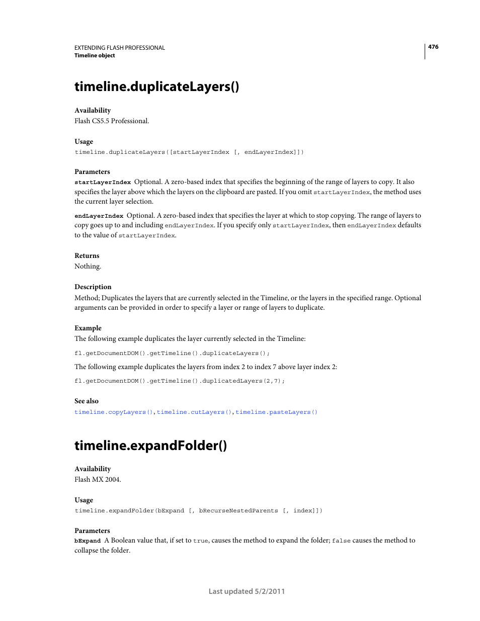 Timeline.duplicatelayers(), Timeline.expandfolder() | Adobe Extending Flash Professional CS5 User Manual | Page 498 / 565