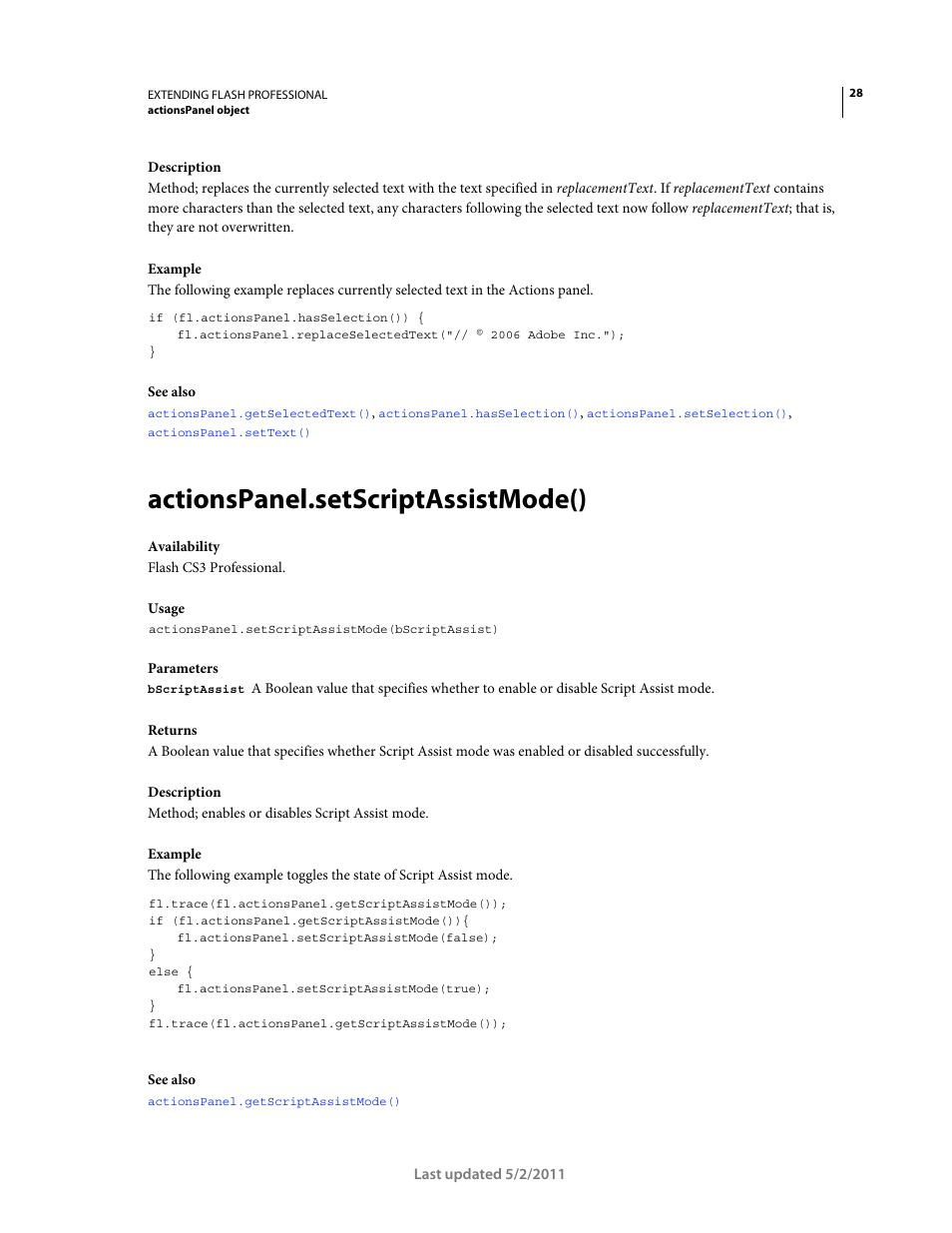 Actionspanel.setscriptassistmode() | Adobe Extending Flash Professional CS5 User Manual | Page 50 / 565