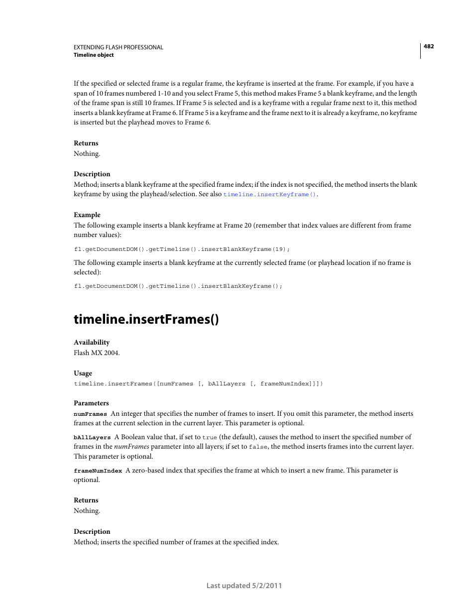 Timeline.insertframes() | Adobe Extending Flash Professional CS5 User Manual | Page 504 / 565