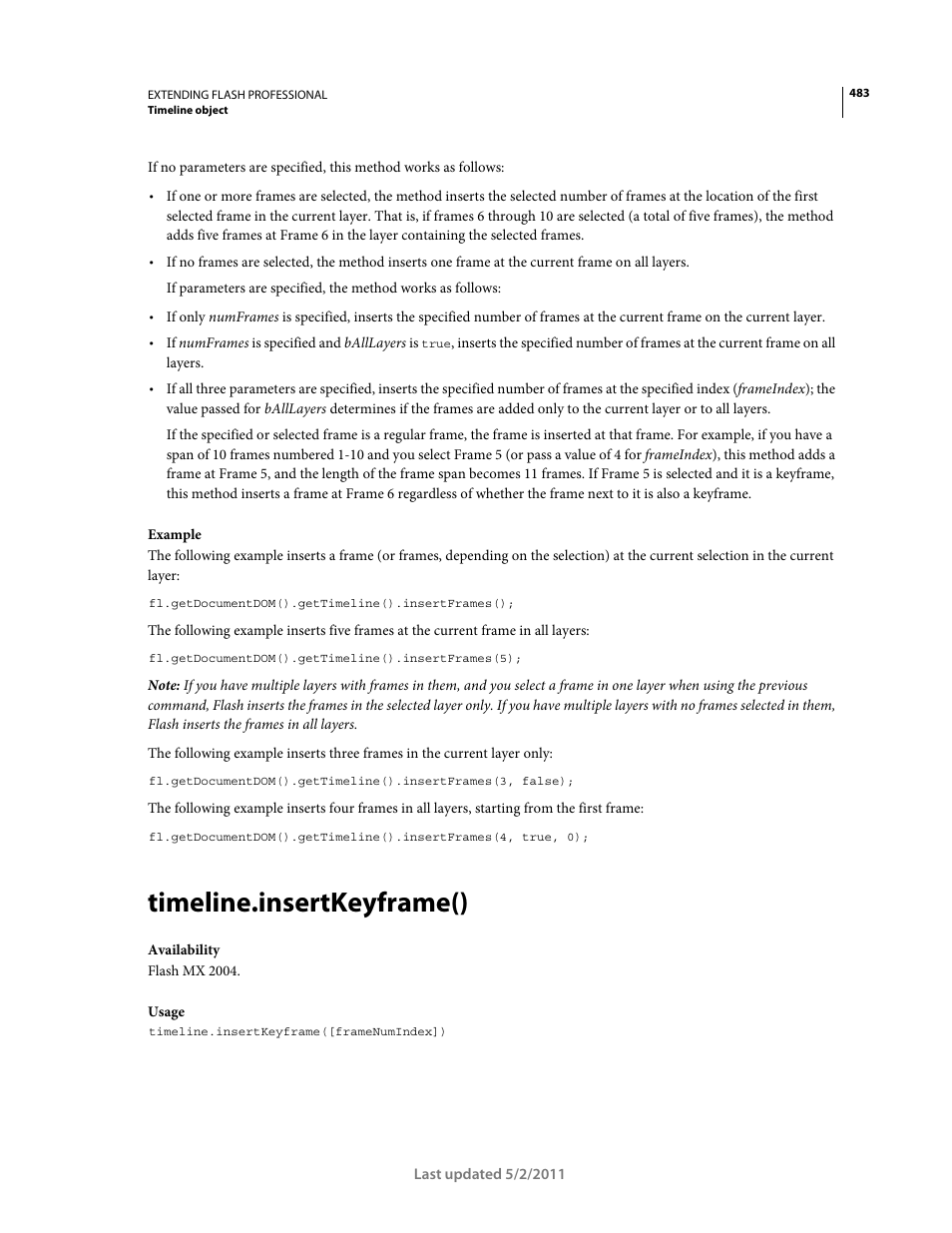 Timeline.insertkeyframe() | Adobe Extending Flash Professional CS5 User Manual | Page 505 / 565