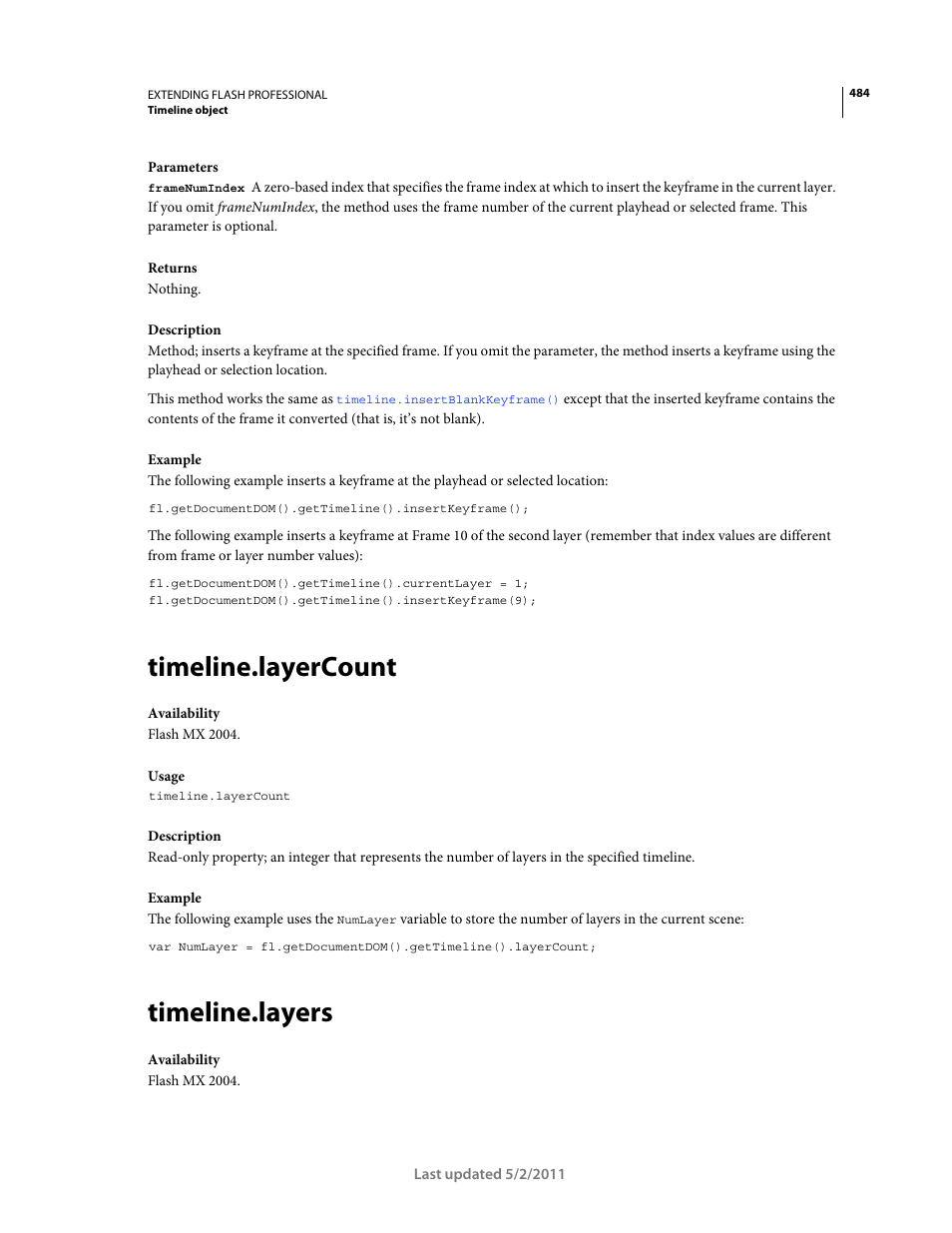 Timeline.layercount, Timeline.layers | Adobe Extending Flash Professional CS5 User Manual | Page 506 / 565