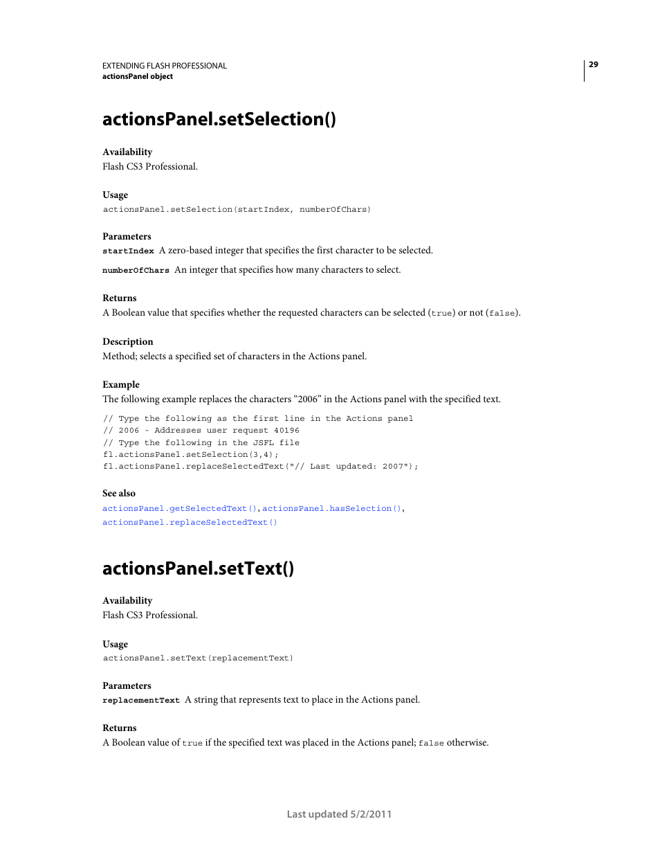 Actionspanel.setselection(), Actionspanel.settext() | Adobe Extending Flash Professional CS5 User Manual | Page 51 / 565