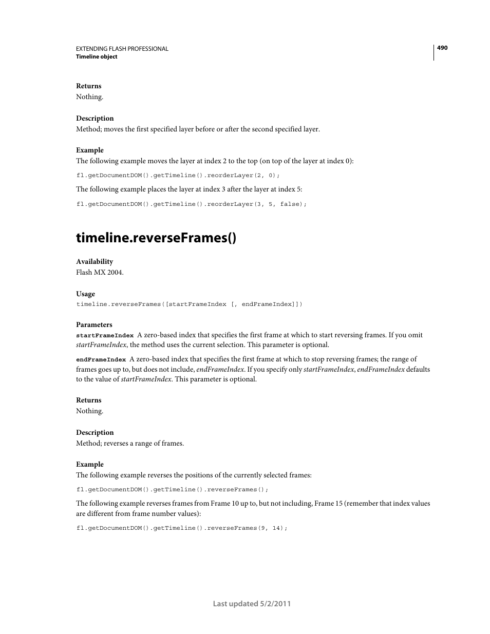 Timeline.reverseframes() | Adobe Extending Flash Professional CS5 User Manual | Page 512 / 565