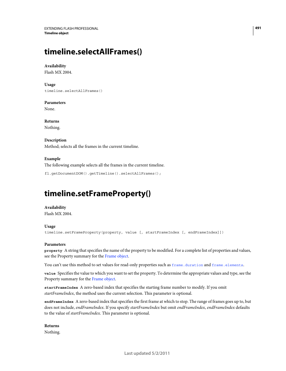 Timeline.selectallframes(), Timeline.setframeproperty() | Adobe Extending Flash Professional CS5 User Manual | Page 513 / 565