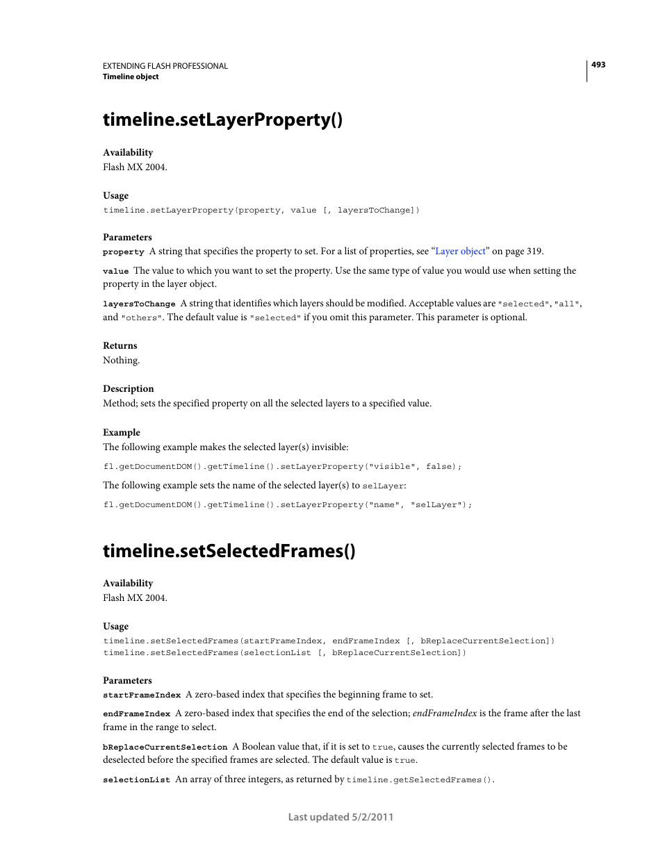 Timeline.setlayerproperty(), Timeline.setselectedframes() | Adobe Extending Flash Professional CS5 User Manual | Page 515 / 565