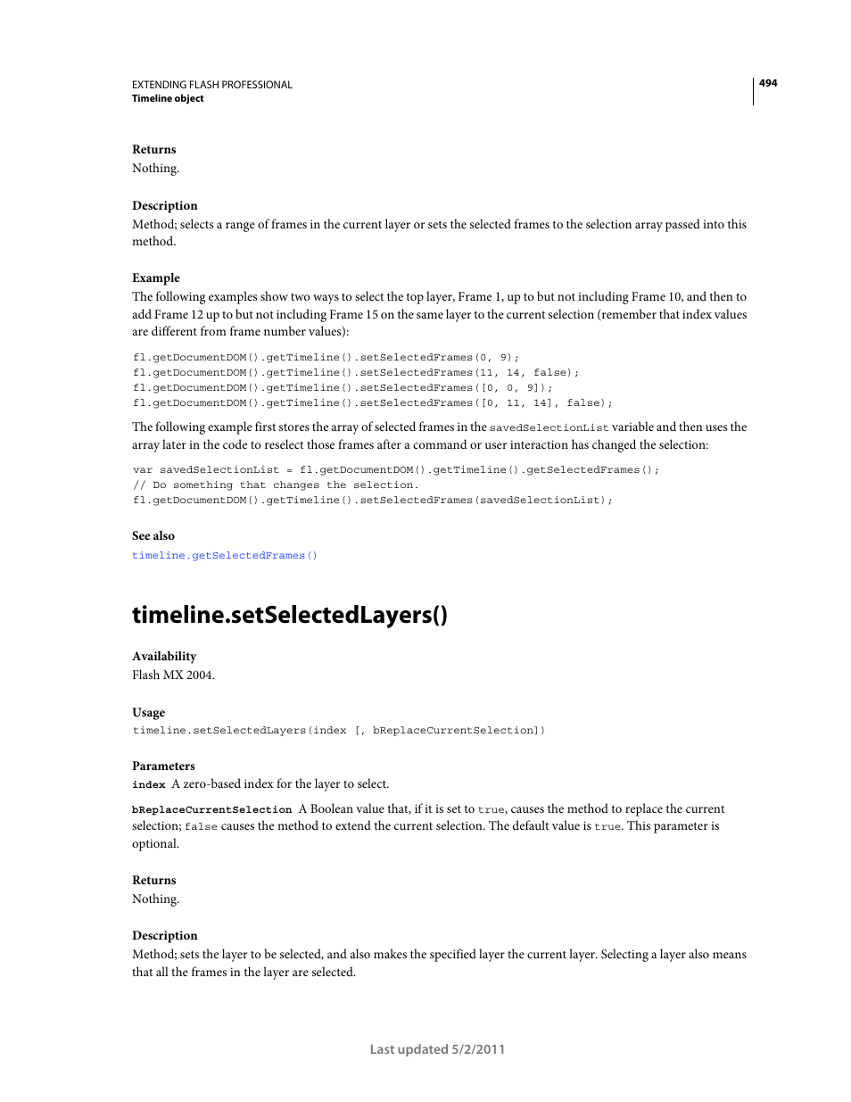 Timeline.setselectedlayers() | Adobe Extending Flash Professional CS5 User Manual | Page 516 / 565