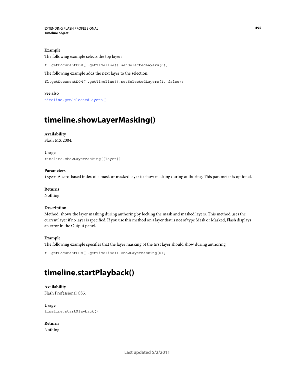 Timeline.showlayermasking(), Timeline.startplayback() | Adobe Extending Flash Professional CS5 User Manual | Page 517 / 565