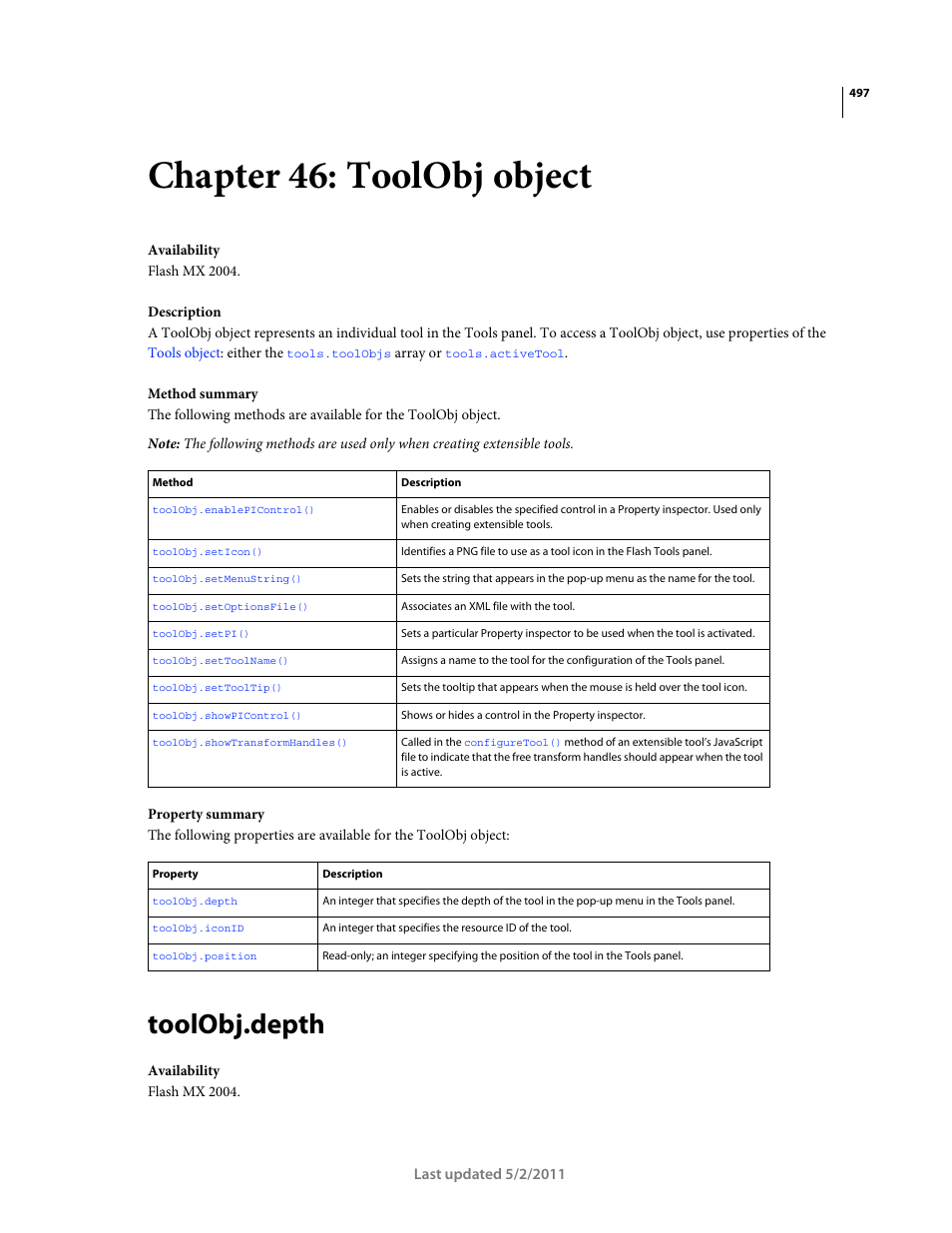 Chapter 46: toolobj object, Toolobj.depth, Toolobj object | Adobe Extending Flash Professional CS5 User Manual | Page 519 / 565