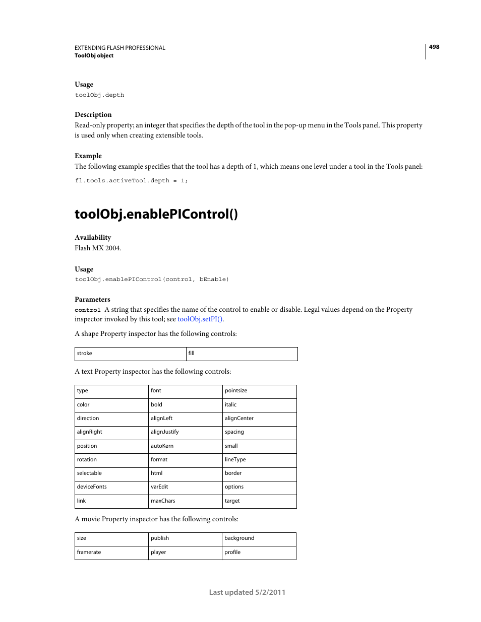 Toolobj.enablepicontrol() | Adobe Extending Flash Professional CS5 User Manual | Page 520 / 565