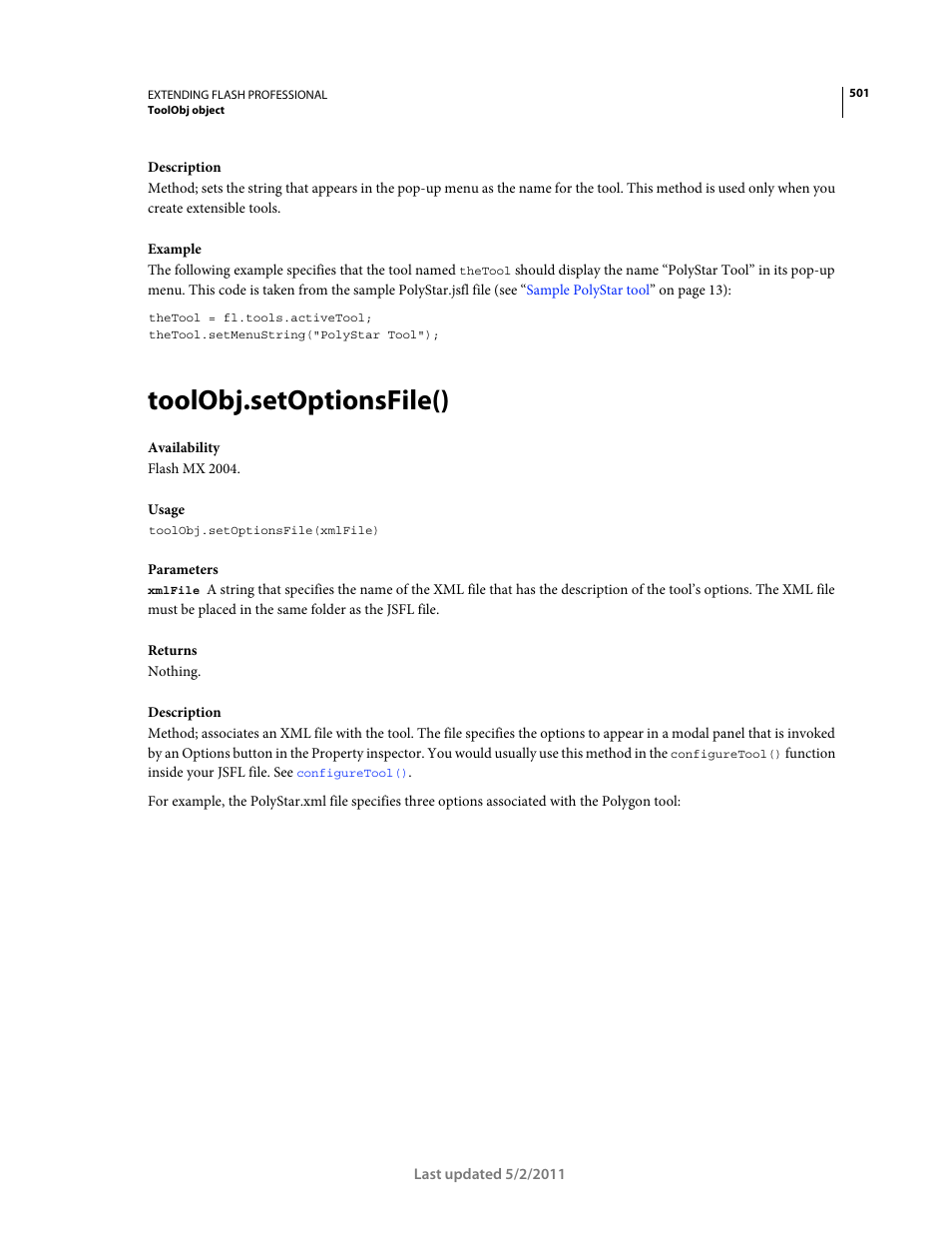 Toolobj.setoptionsfile() | Adobe Extending Flash Professional CS5 User Manual | Page 523 / 565