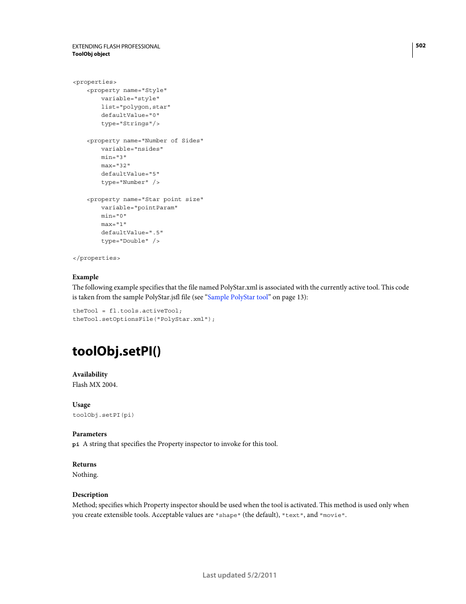 Toolobj.setpi() | Adobe Extending Flash Professional CS5 User Manual | Page 524 / 565