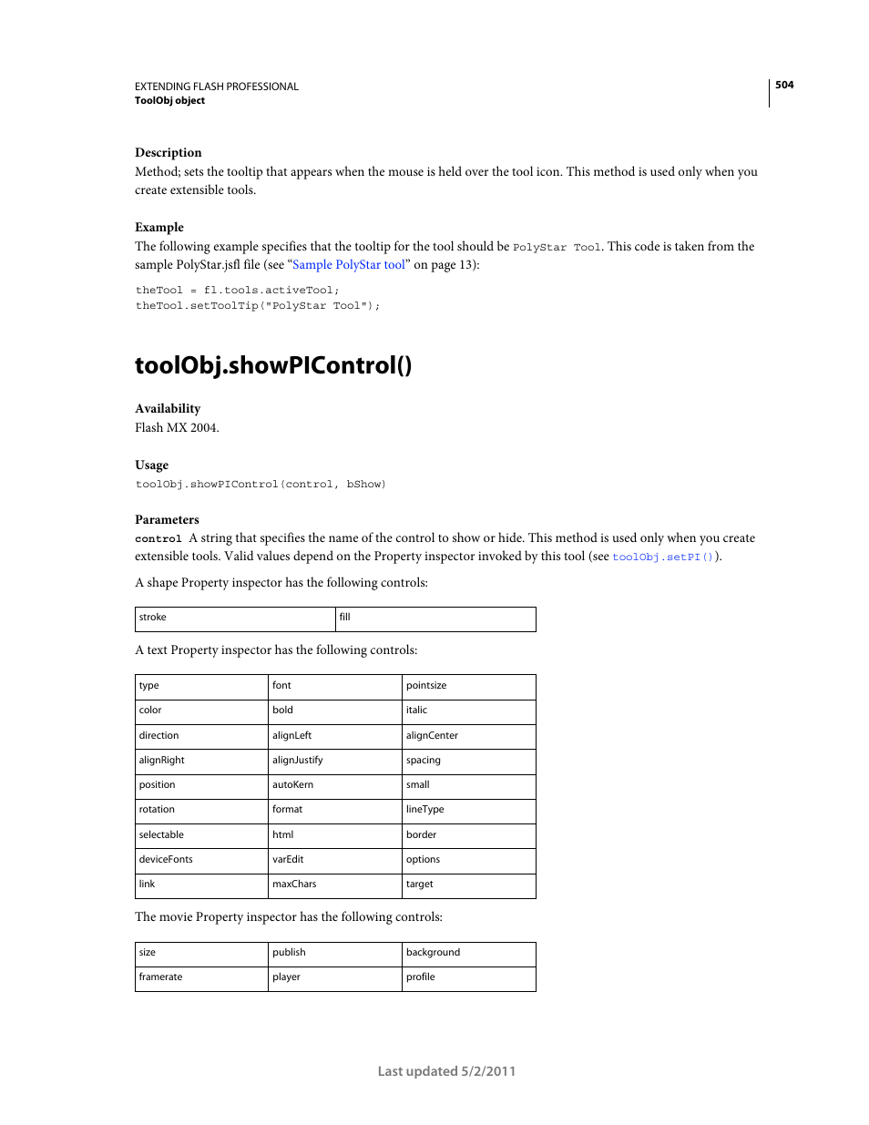 Toolobj.showpicontrol() | Adobe Extending Flash Professional CS5 User Manual | Page 526 / 565