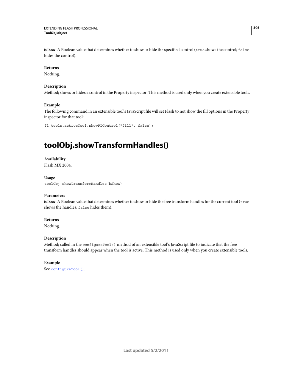 Toolobj.showtransformhandles() | Adobe Extending Flash Professional CS5 User Manual | Page 527 / 565