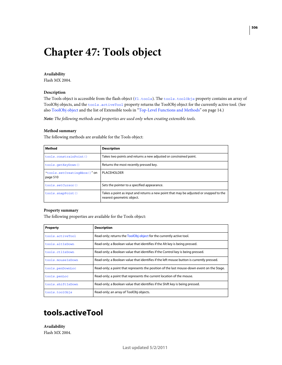 Chapter 47: tools object, Tools.activetool, Tools object | Either the | Adobe Extending Flash Professional CS5 User Manual | Page 528 / 565