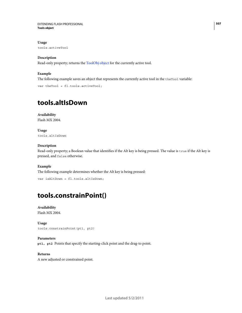 Tools.altisdown, Tools.constrainpoint() | Adobe Extending Flash Professional CS5 User Manual | Page 529 / 565