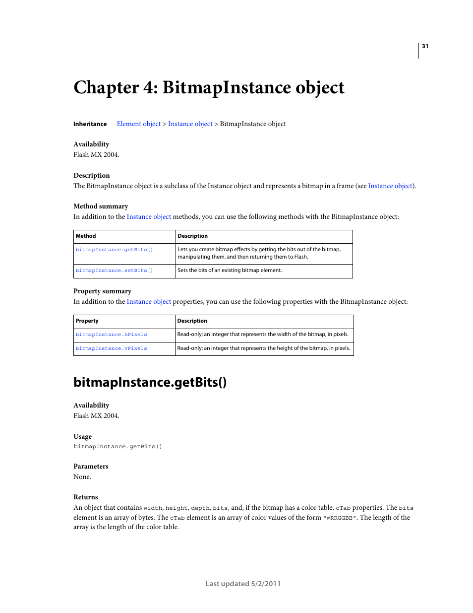 Chapter 4: bitmapinstance object, Bitmapinstance.getbits() | Adobe Extending Flash Professional CS5 User Manual | Page 53 / 565