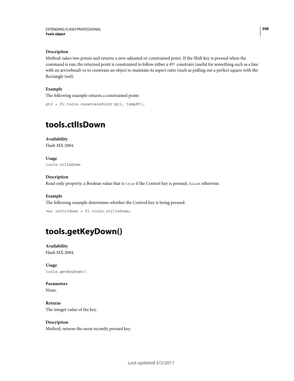 Tools.ctlisdown, Tools.getkeydown() | Adobe Extending Flash Professional CS5 User Manual | Page 530 / 565