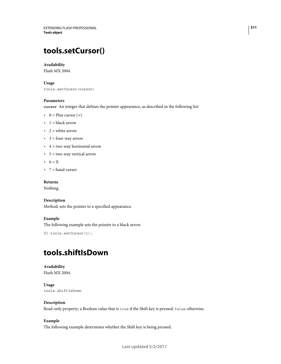 Tools.setcursor(), Tools.shiftisdown | Adobe Extending Flash Professional CS5 User Manual | Page 533 / 565