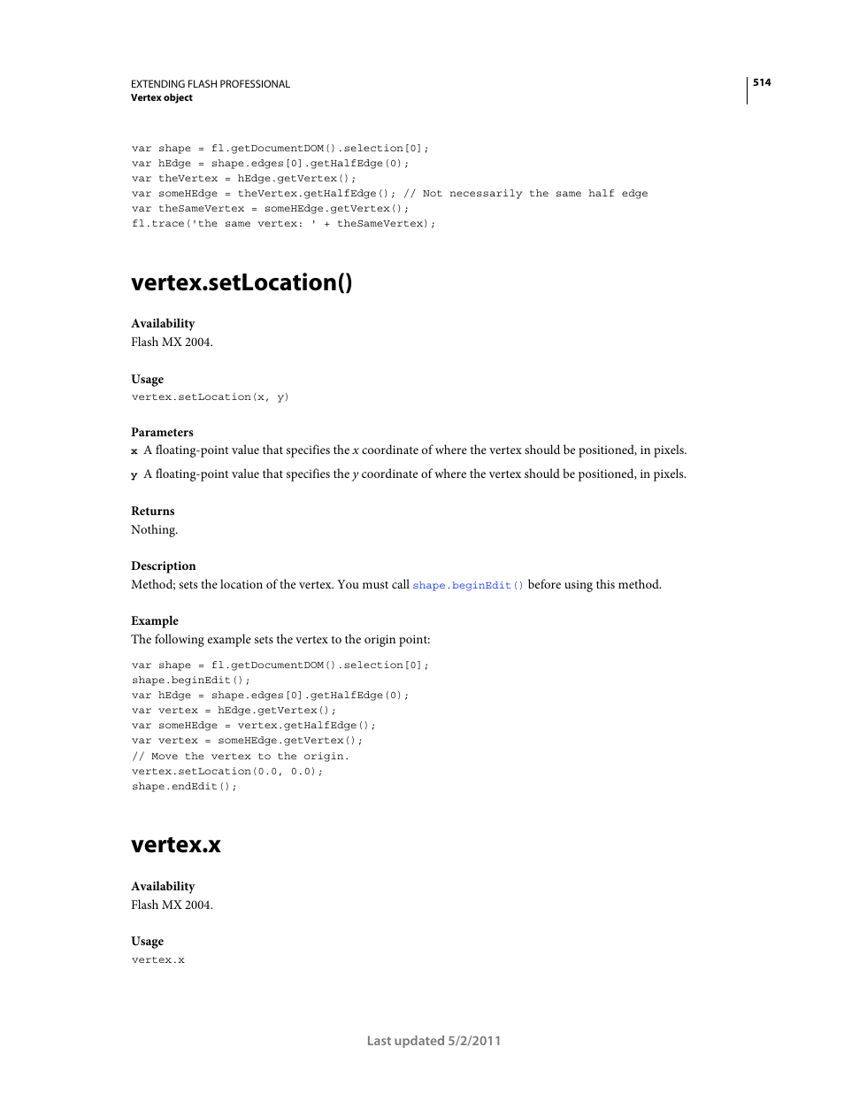 Vertex.setlocation(), Vertex.x | Adobe Extending Flash Professional CS5 User Manual | Page 536 / 565