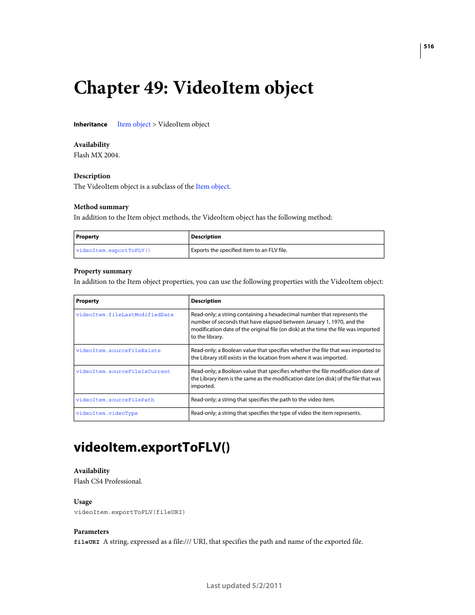 Chapter 49: videoitem object, Videoitem.exporttoflv() | Adobe Extending Flash Professional CS5 User Manual | Page 538 / 565