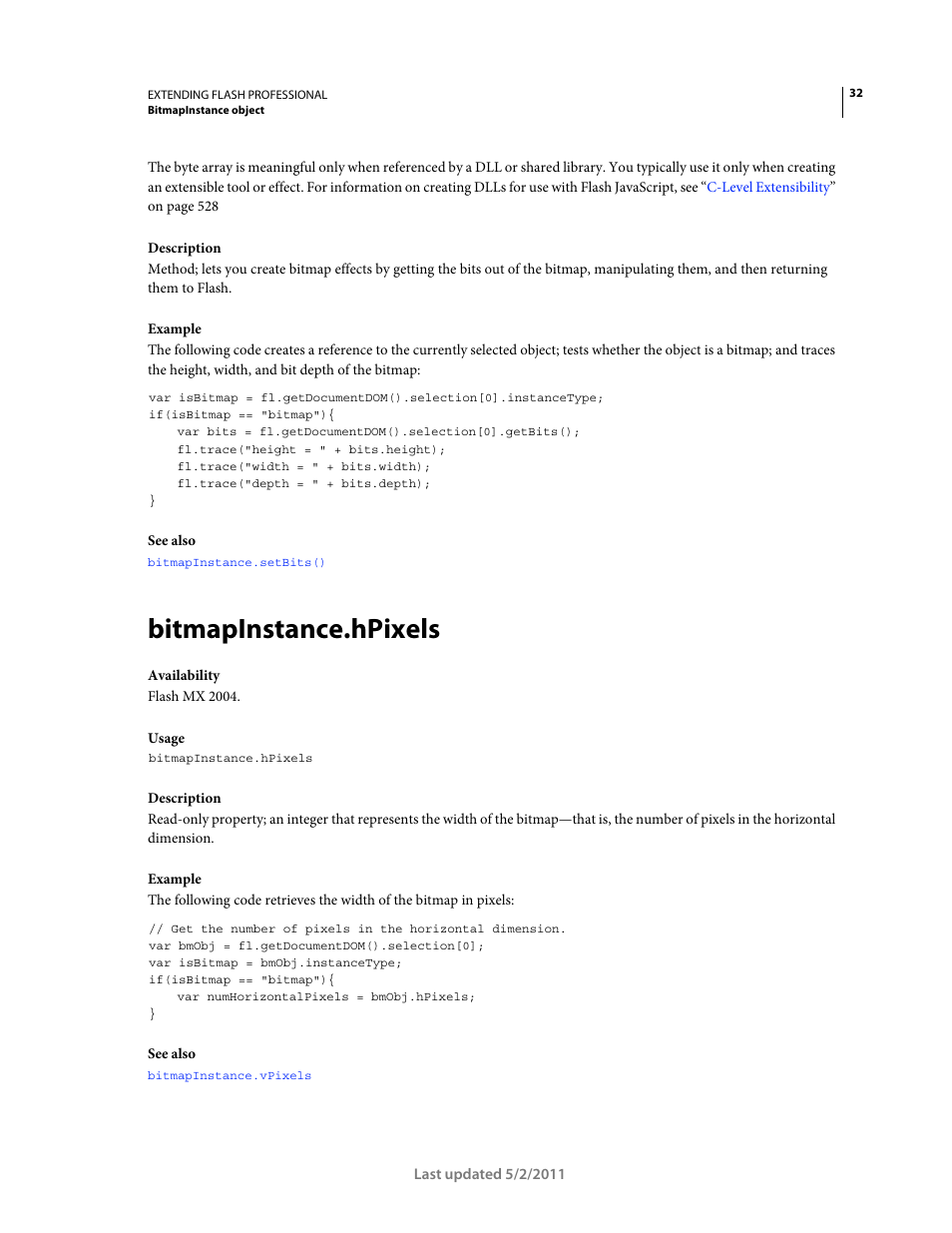 Bitmapinstance.hpixels | Adobe Extending Flash Professional CS5 User Manual | Page 54 / 565