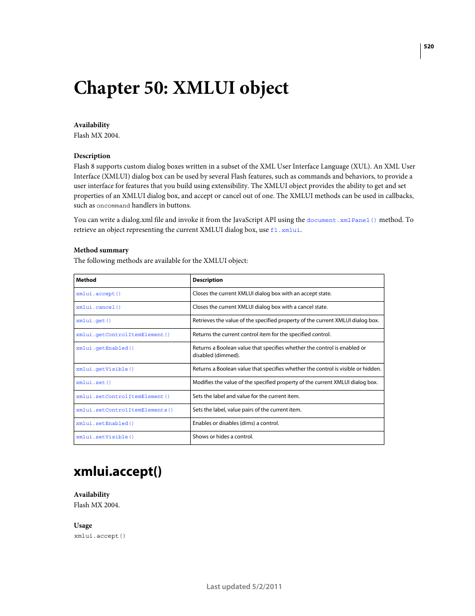 Chapter 50: xmlui object, Xmlui.accept(), Xmlui object | Read-only property; an | Adobe Extending Flash Professional CS5 User Manual | Page 542 / 565