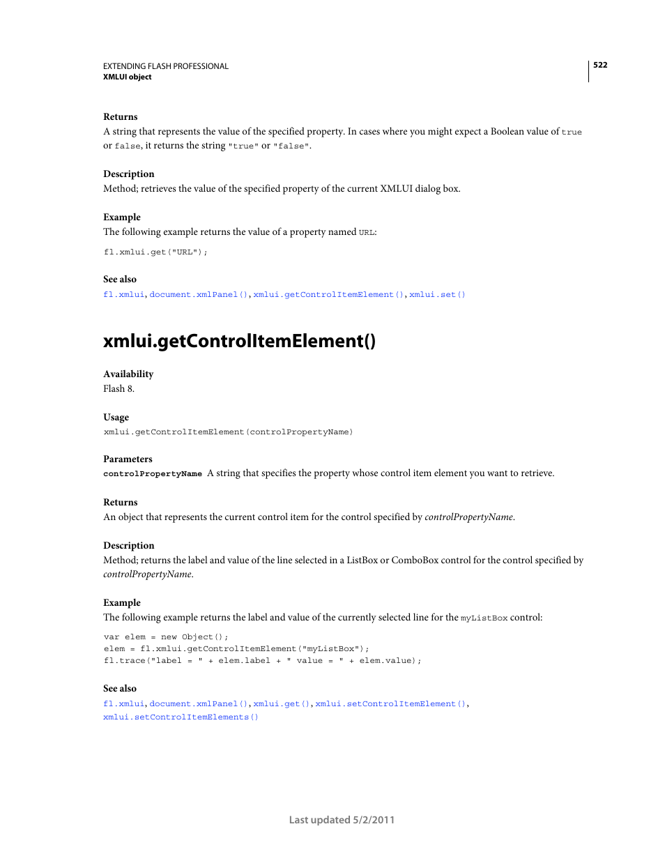 Xmlui.getcontrolitemelement() | Adobe Extending Flash Professional CS5 User Manual | Page 544 / 565