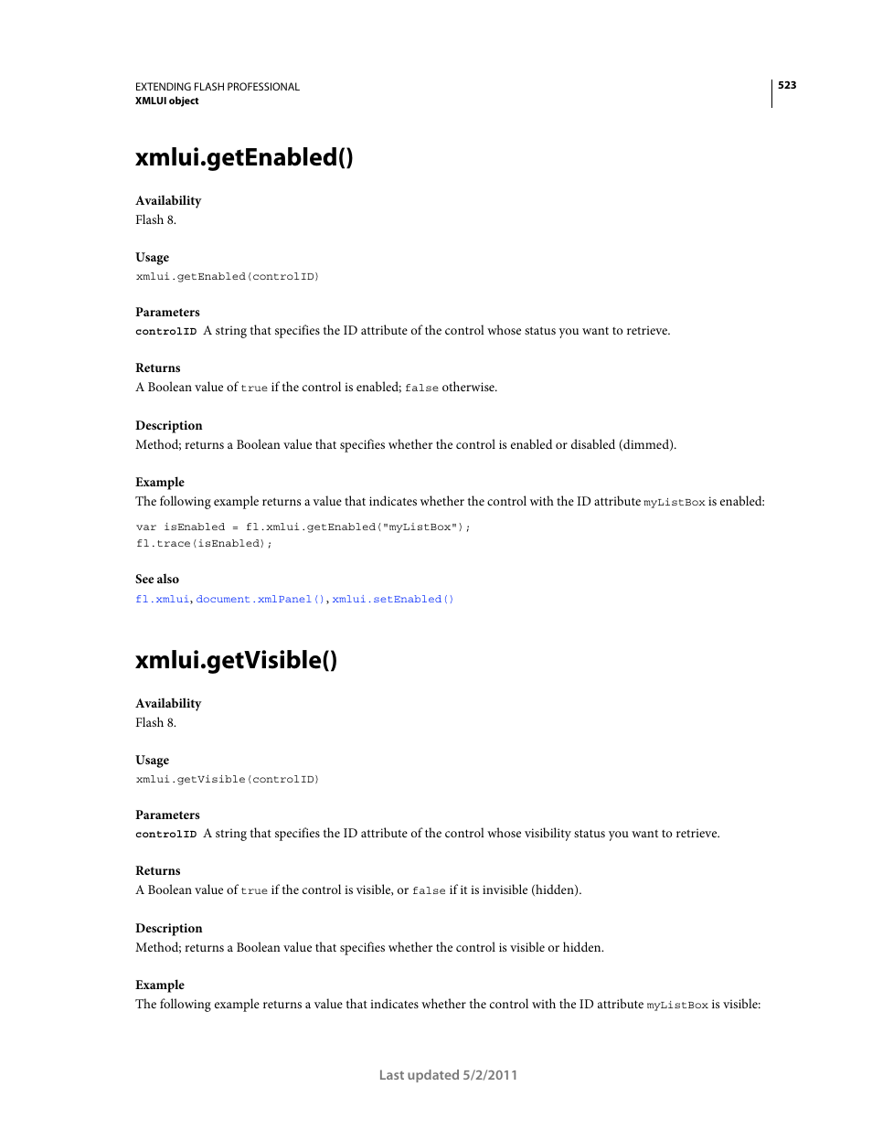 Xmlui.getenabled(), Xmlui.getvisible() | Adobe Extending Flash Professional CS5 User Manual | Page 545 / 565