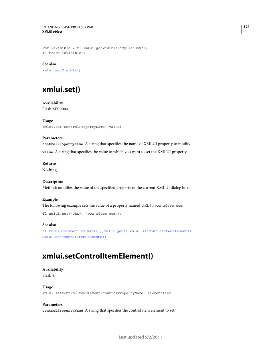 Xmlui.set(), Xmlui.setcontrolitemelement() | Adobe Extending Flash Professional CS5 User Manual | Page 546 / 565