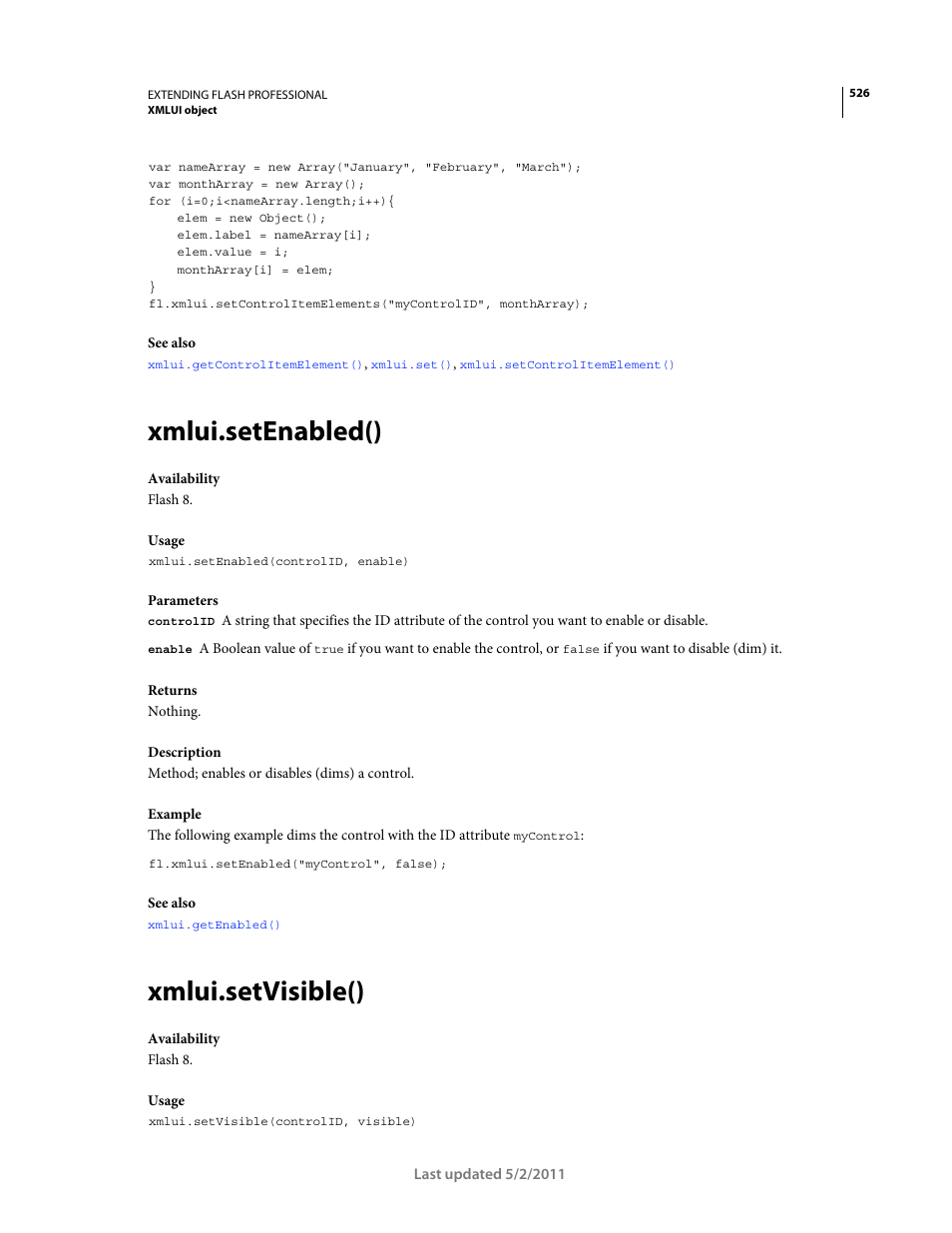Xmlui.setenabled(), Xmlui.setvisible() | Adobe Extending Flash Professional CS5 User Manual | Page 548 / 565