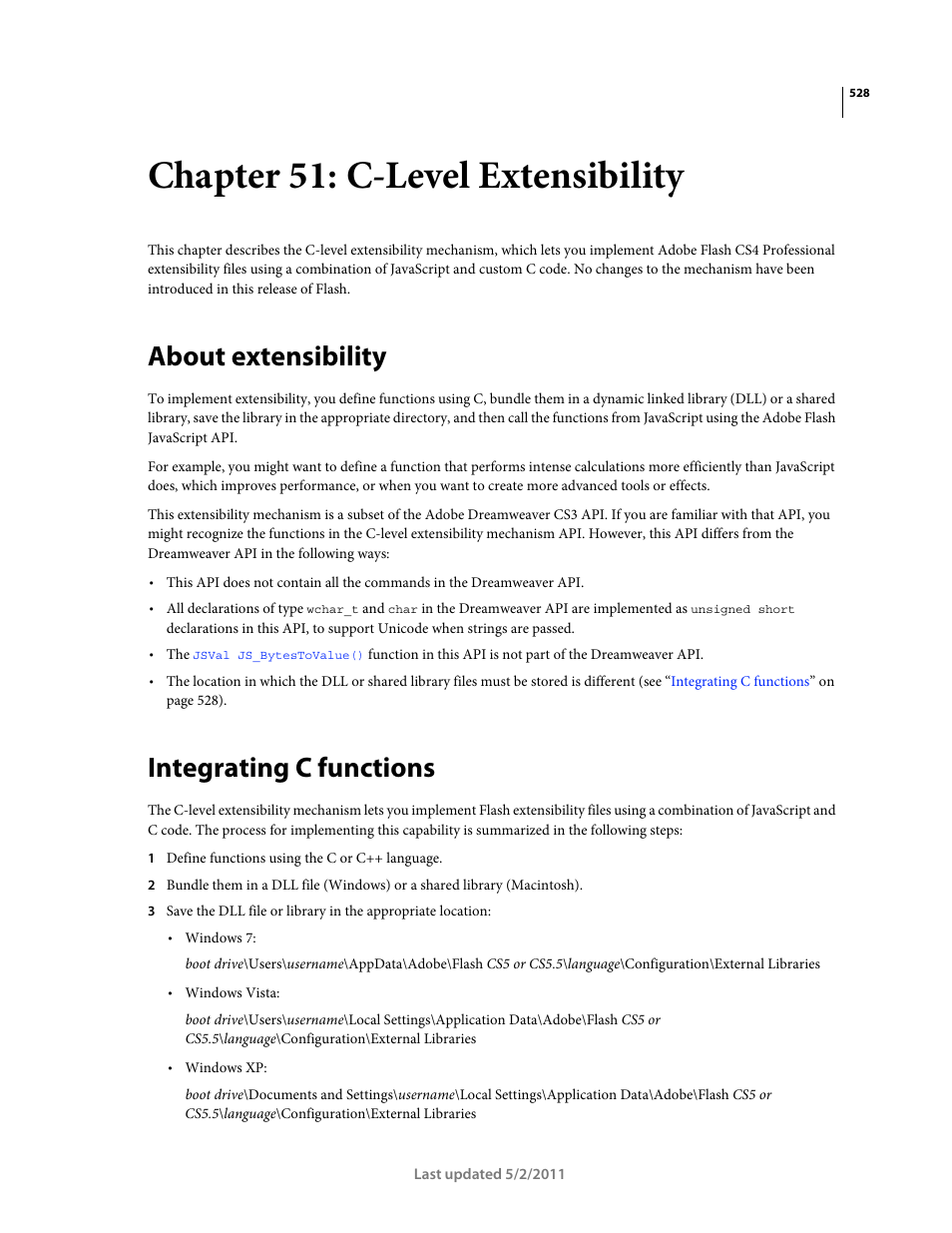 Chapter 51: c-level extensibility, About extensibility, Integrating c functions | C-level extensibility | Adobe Extending Flash Professional CS5 User Manual | Page 550 / 565