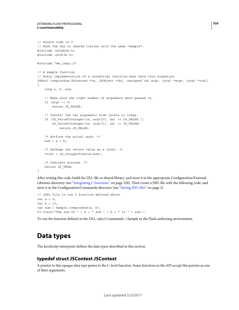 Data types, Typedef struct jscontext jscontext | Adobe Extending Flash Professional CS5 User Manual | Page 555 / 565