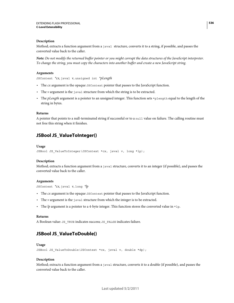 Jsbool js_valuetointeger(), Jsbool js_valuetodouble() | Adobe Extending Flash Professional CS5 User Manual | Page 558 / 565