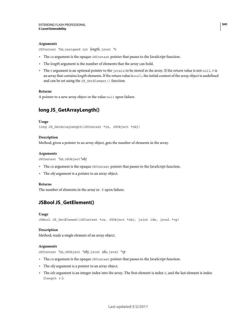 Long js_getarraylength(), Jsbool js_getelement() | Adobe Extending Flash Professional CS5 User Manual | Page 563 / 565