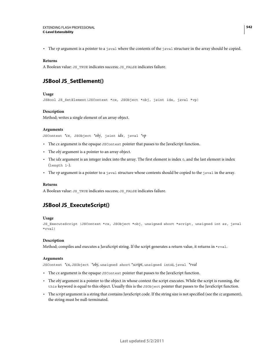 Jsbool js_setelement(), Jsbool js_executescript() | Adobe Extending Flash Professional CS5 User Manual | Page 564 / 565